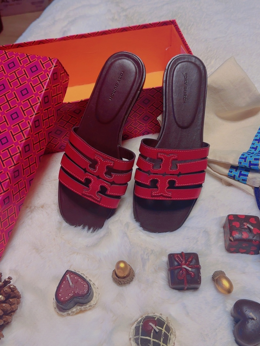 Tory Burch Red Triple-Strap Slide Mules